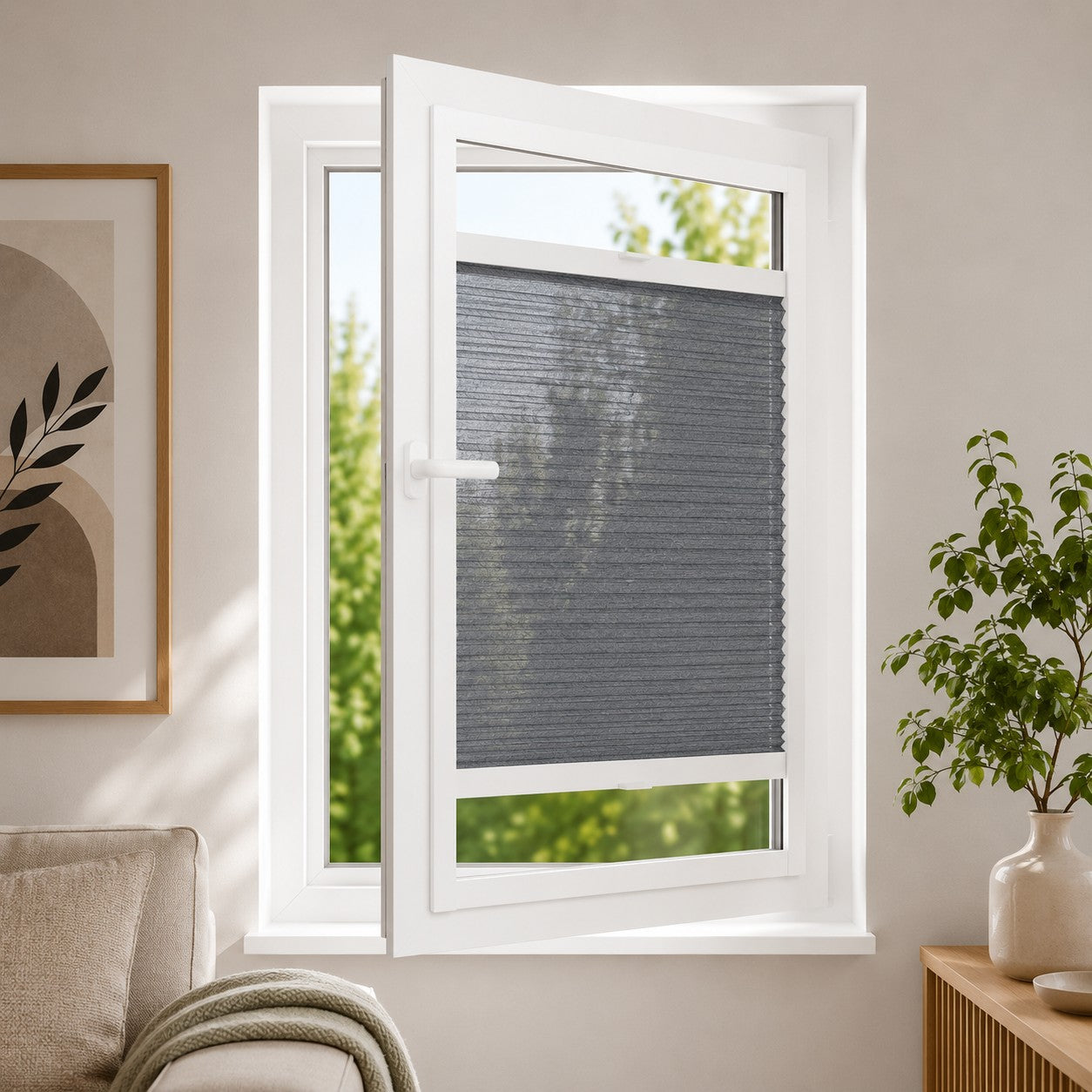 Plisse gordijn zonder boren - Magneet frame | Lichtdoorlatend Donkergrijs | Op maat