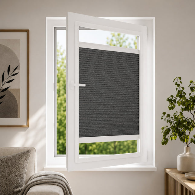 Plisse gordijn zonder boren - Magneet frame | Verduisterend Donkergrijs | Op maat