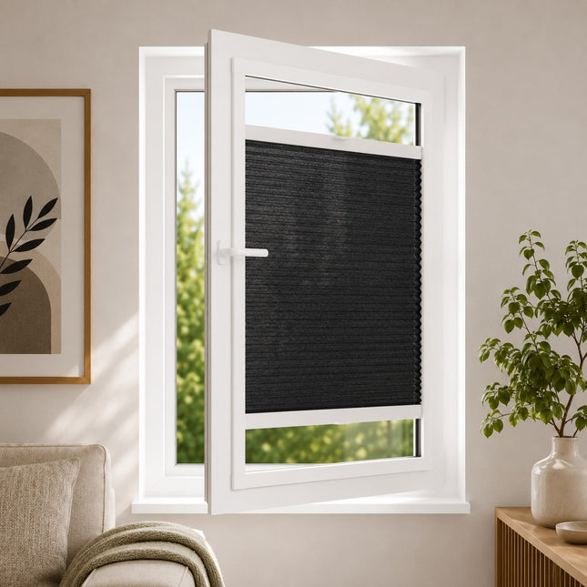 Plisse gordijn zonder boren - Magneet frame | Lichtdoorlatend Zwart | Op maat